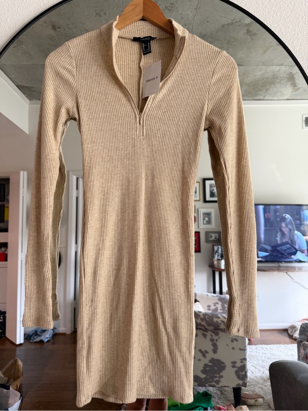Forever 21 Beige Ribbed Quarter-Zip Knit Dress